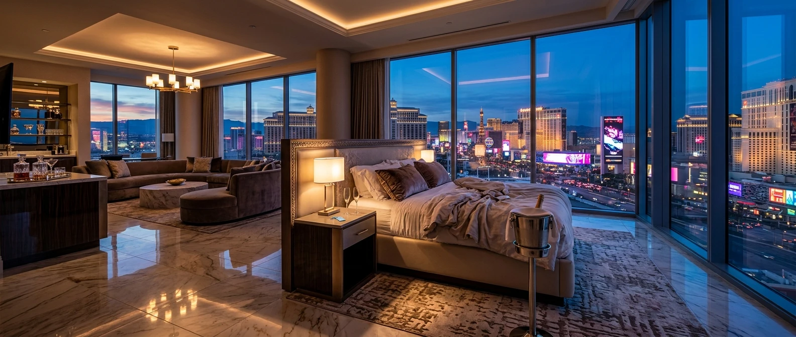 A marble-floored luxury casino resort suite at dusk, floor-to-ceiling windows overlooking an illuminated Strip skyline, an empty champagne bucket and room keycard on the bedside table suggesting the same room at two very different prices.