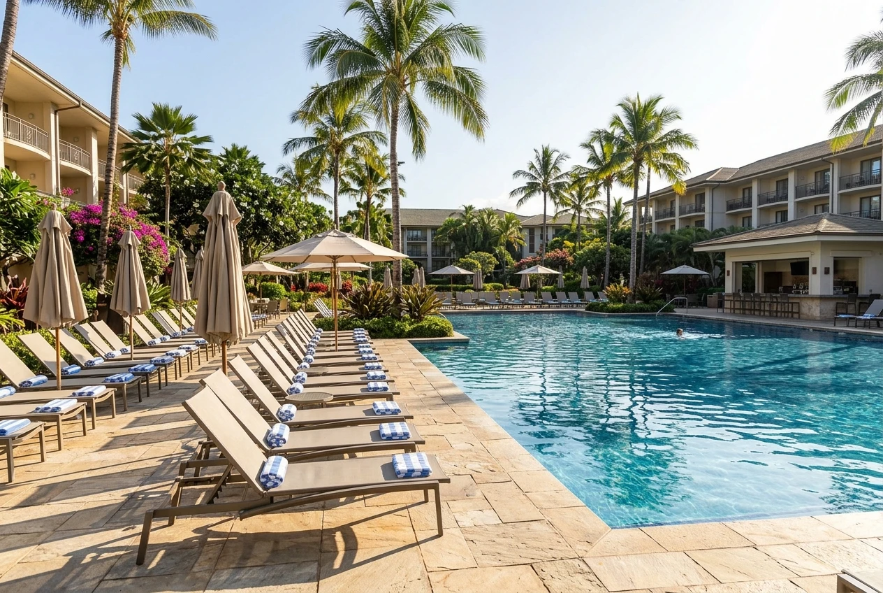 A nearly empty resort pool deck on a quiet weekday afternoon, loungers neatly stacked with towels, bright sun but no crowds, contrasting with the idea of the same pool packed on a weekend.