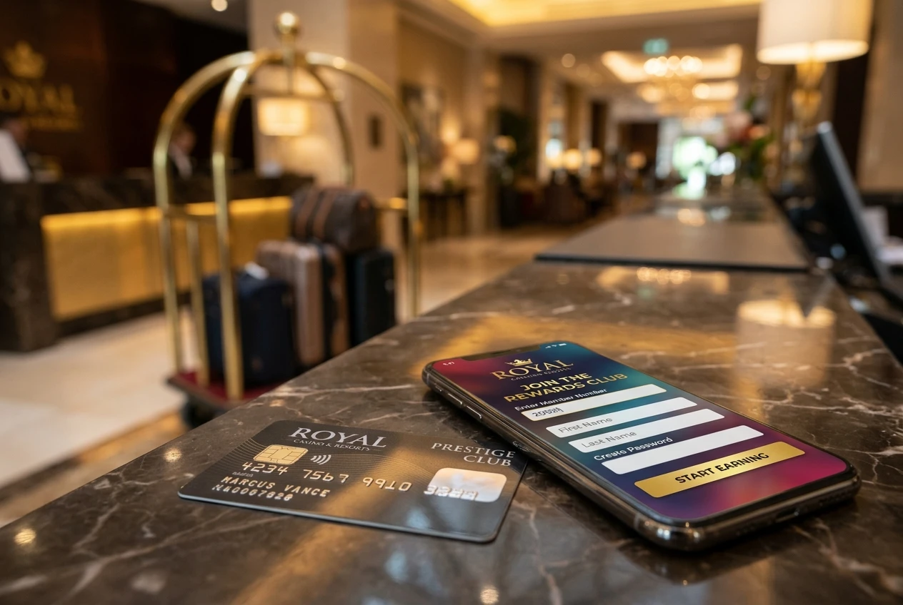 A close-up of a casino loyalty membership card and smartphone showing a rewards app sign-up screen, resting on a hotel check-in counter with a bellhop cart in soft focus behind.