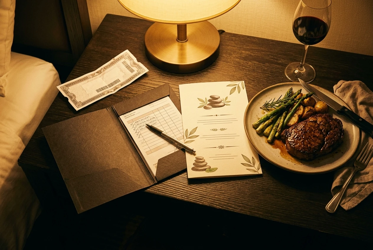 A hotel room service folio and casino free-play voucher laid beside a spa menu and a plate from an upscale steakhouse, warm lamp light, illustrating comps being redirected toward dining and spa use rather than gambling.