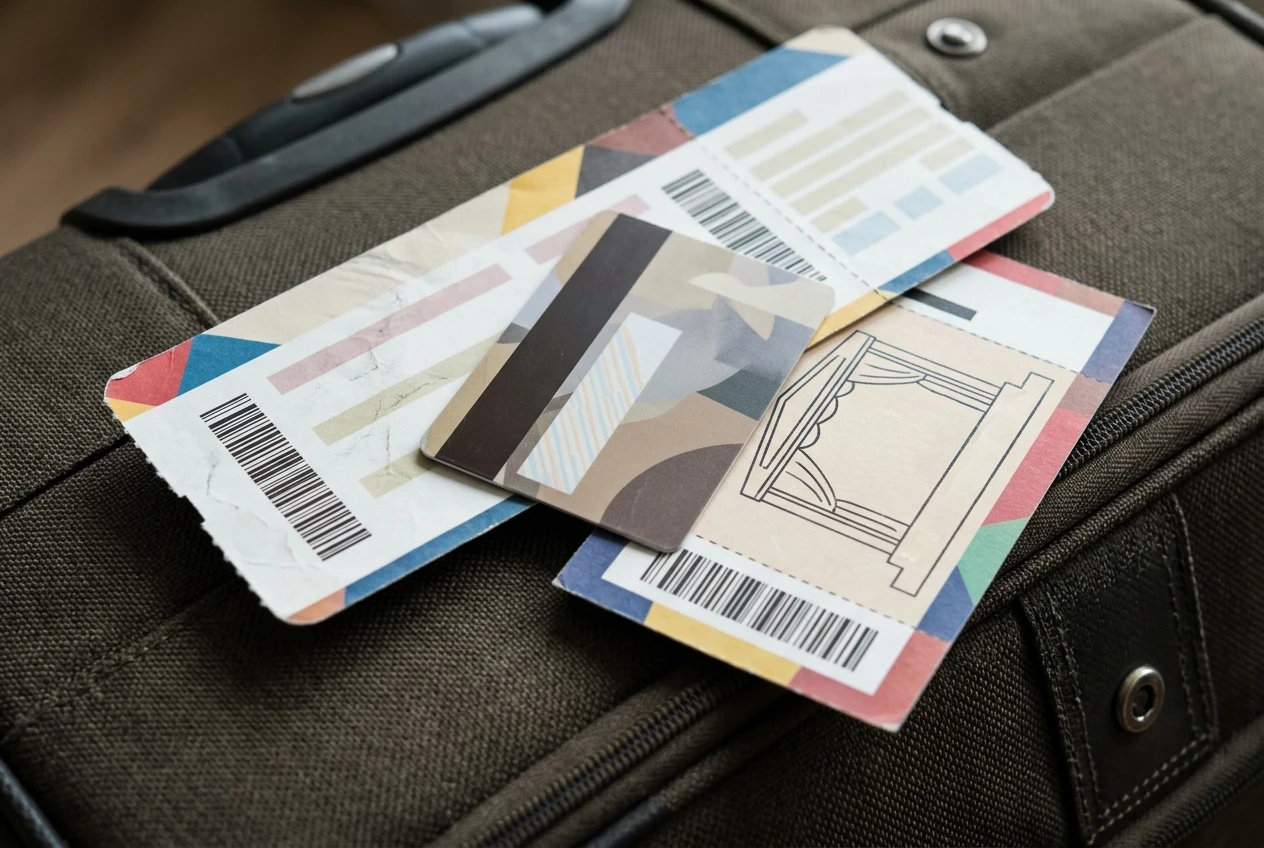 A boarding pass, a hotel key card, and a show ticket fanned out together on a suitcase, suggesting a single bundled travel package rather than three separate purchases.