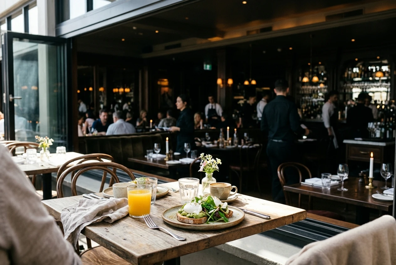 A sunlit brunch table at an upscale restaurant with a modest plated dish and fresh juice, far less crowded and formal than the dark, dramatic dinner service happening in the background at the same restaurant.