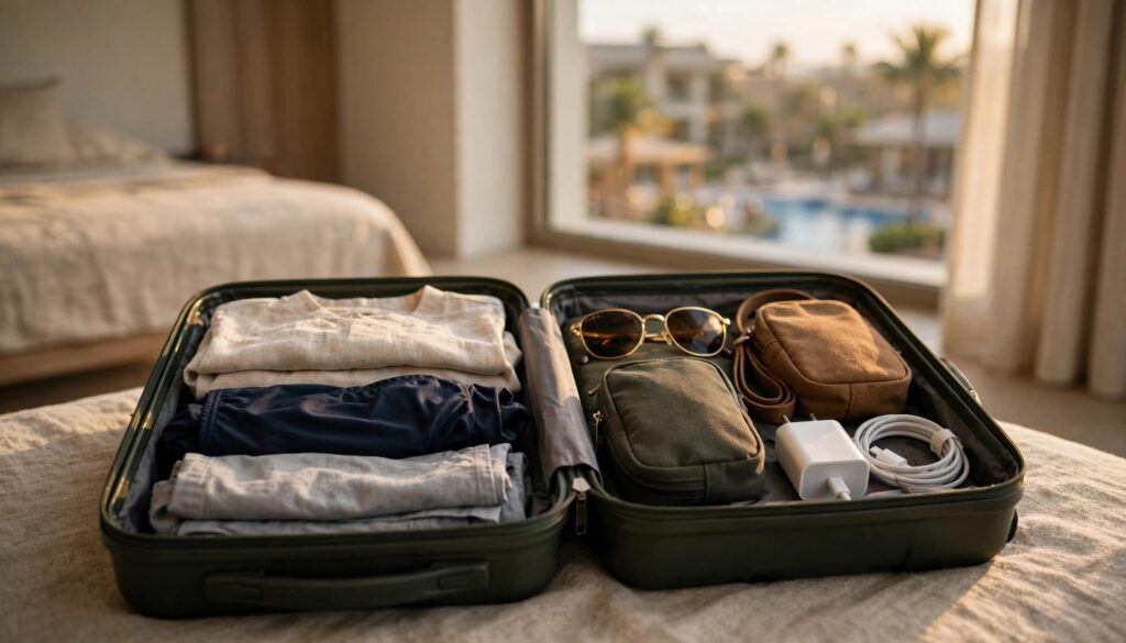 An open suitcase holds folded clothes, a swimsuit, toiletries, sunglasses, and a small crossbody bag.